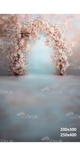 Tło fotograficzne z kwitnącym pastelowym łukiem i akwarelową scenerią | E559